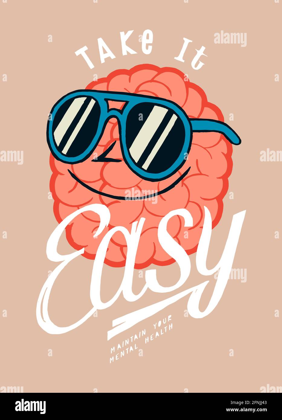 Take it easy. Funny brain character in sunglasses smiling. Positive mental  health t-shirt print vector illustration Stock Vector Image & Art - Alamy