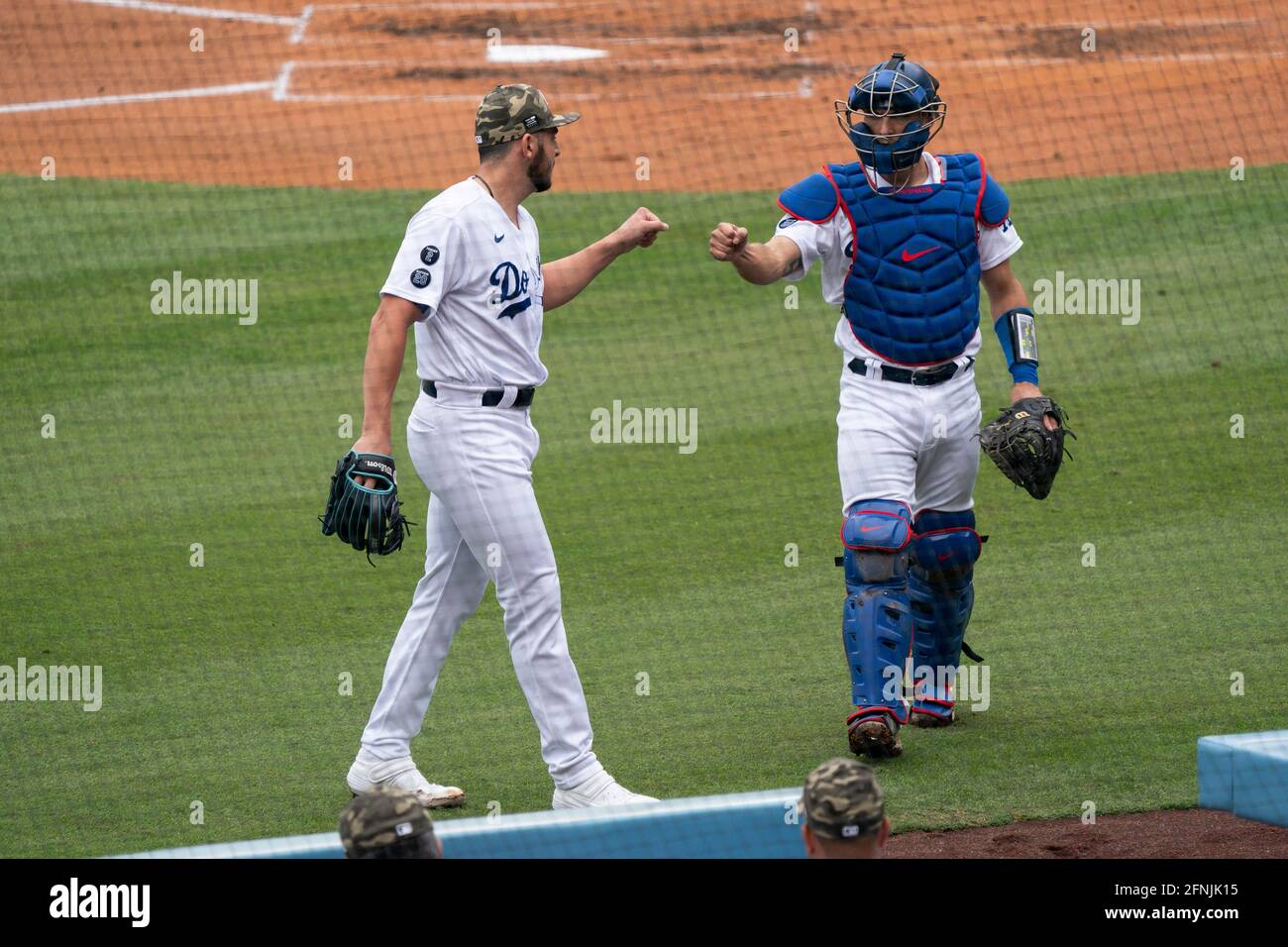 Los Angeles Dodgers relief pitcher Alex Vesia (51) celebrates with catcher Austin Barnes (15) during a MLB game against the Miami Marlins, Sunday, May Stock Photo