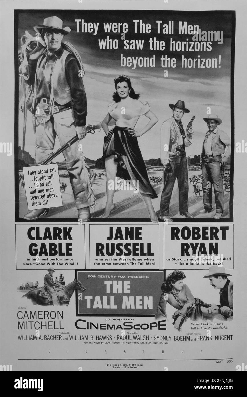 CLARK GABLE JANE RUSSELL ROBERT RYAN and CAMERON MITCHELL in THE TALL MEN 1955 director RAOUL WALSH from the novel by Heck Allen screenplay Sydney Boehm and Frank S. Nugent music Victor Young costumes Travilla Twentieth Century Fox Stock Photo