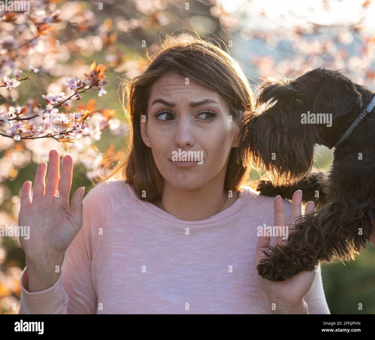Afraid girl showing stop sign to dog and blooming tree because of allergic reaction to pollen and animal hair Stock Photo