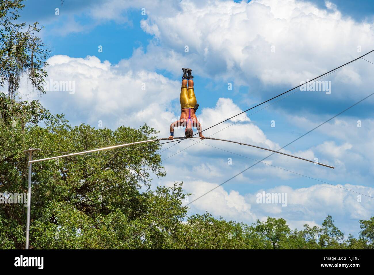 The Great Blake Wallenda performs a headstrand on a highwire without a safety net at the Bay Area Renaissance Festival - Withlacoochee River Park, Dad Stock Photo
