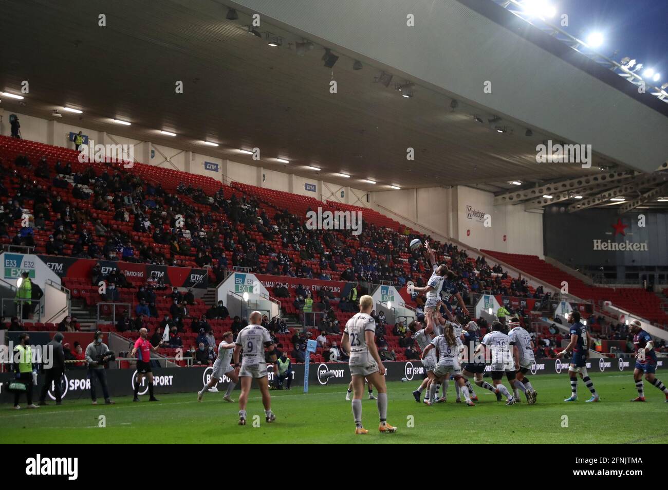 Fans watch the players contest a line-out during the Gallagher Premiership match at Ashton Gate, Bristol