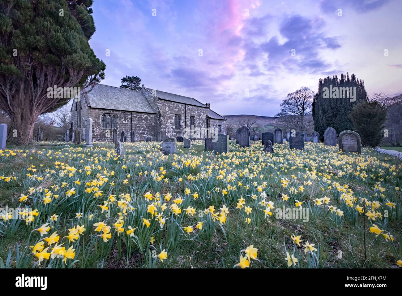 Sunset at St Marys church at Church Houses, Farndale in the North York Moors Stock Photo