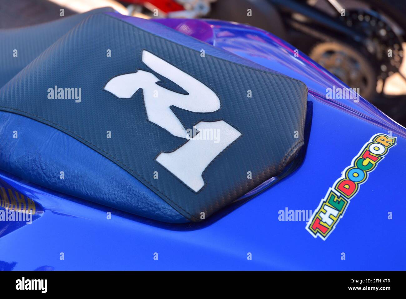 Castelnuovo don Bosco, Piedmont, Italy -09-29-2018-Meeting of motorbykes. Rear part of a  Yamaha R1 motorcycle with written on it The Doctor Stock Photo