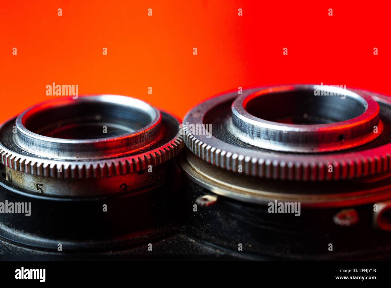 two lenses on the retoro camera close-up Stock Photo