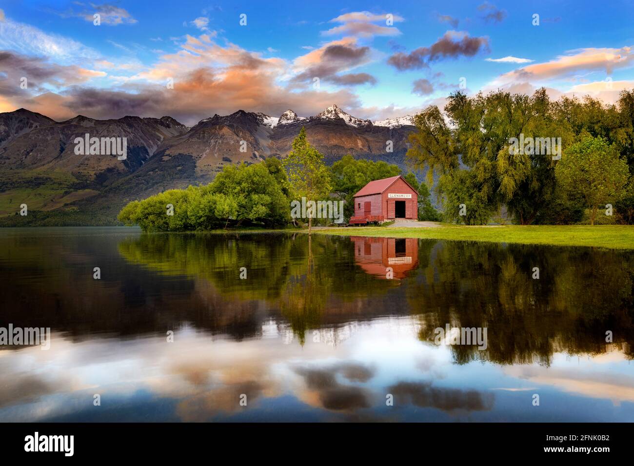 The famous Red Shed of Glenorchy with high lake levels Stock Photo