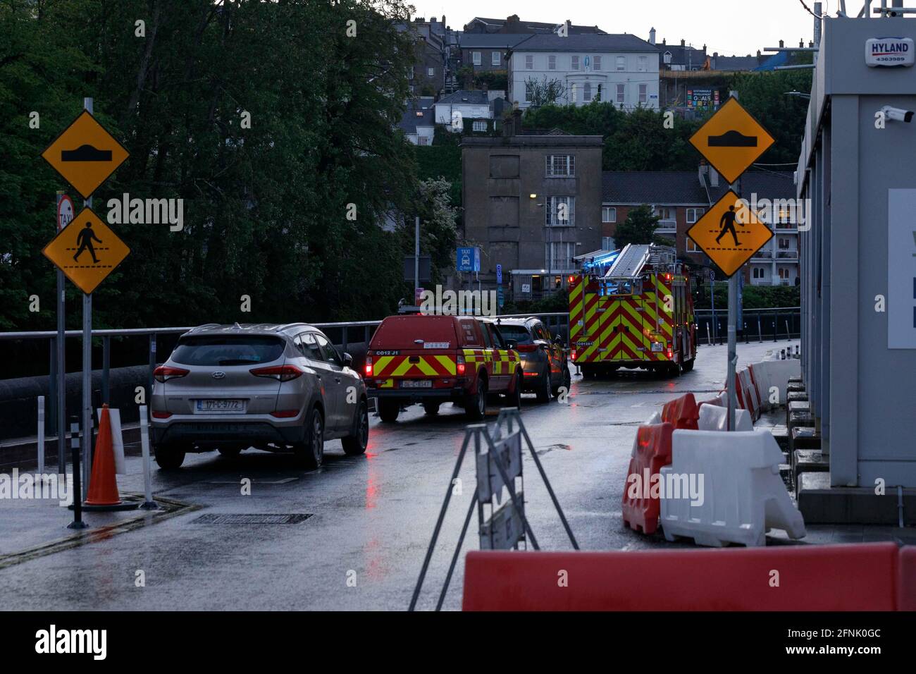 Cork, Ireland. 17th May, 2021. Reports of Fire at Mercy Hospital, Cork, Ireland. Shortly after 8.30 PM this evening emergency services attended what was believed to be a fire in the Mercy University Hospital. It is not known at this time what occurred but firefighters were visible inside the upper floors of the hospital. Most of the units have left the scene in the last half hour with only 1-2 units left on site Credit: Damian Coleman/Alamy Live News Stock Photo