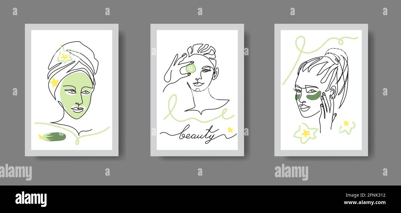 Asian skin whitening conceptual art illustration. Spa, cosmetology cabinet decor. Woman face line art vector portrait for wall decor. Face mask, eye Stock Vector