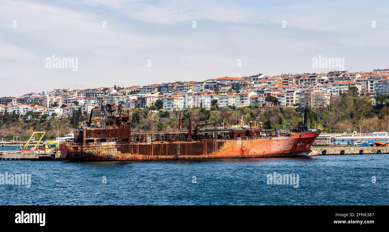 Haydarpasa, Istanbul, Turkey - April 15th, 2021: The wreckage of the LPG tanker Maestro aka Greta Kosan at Istanbul Haydarpasa Port Stock Photo