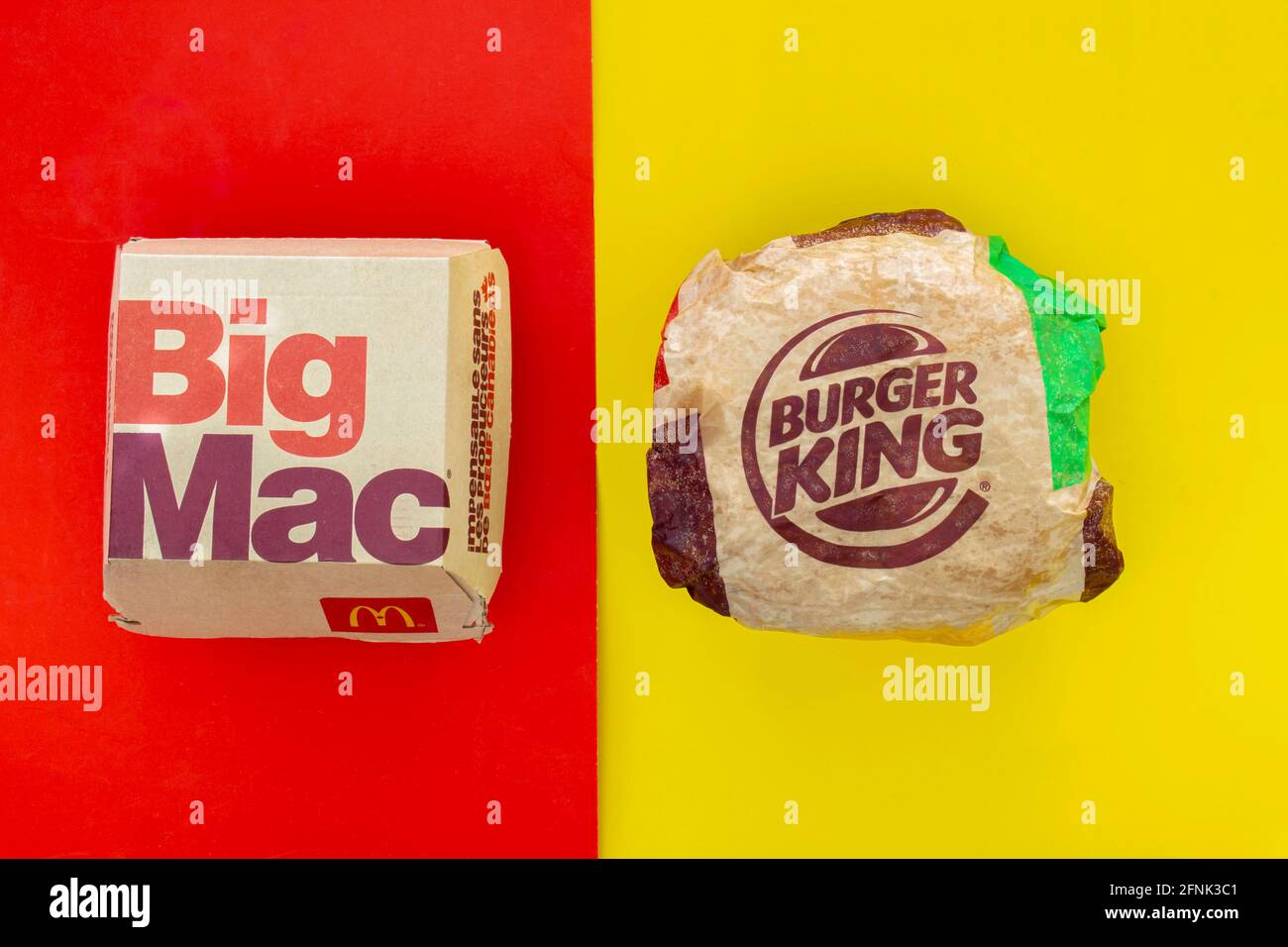 Calgary, Alberta. Canada. May 17, 2021. A Mcdonald's Big Mac and Burger King Whopper hamburgers. Concept: Top Hamburger Companies Stock Photo