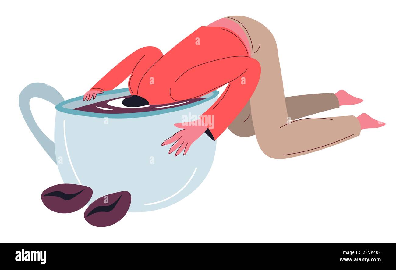 Coffee and caffeine addiction, drowning in cup Stock Vector