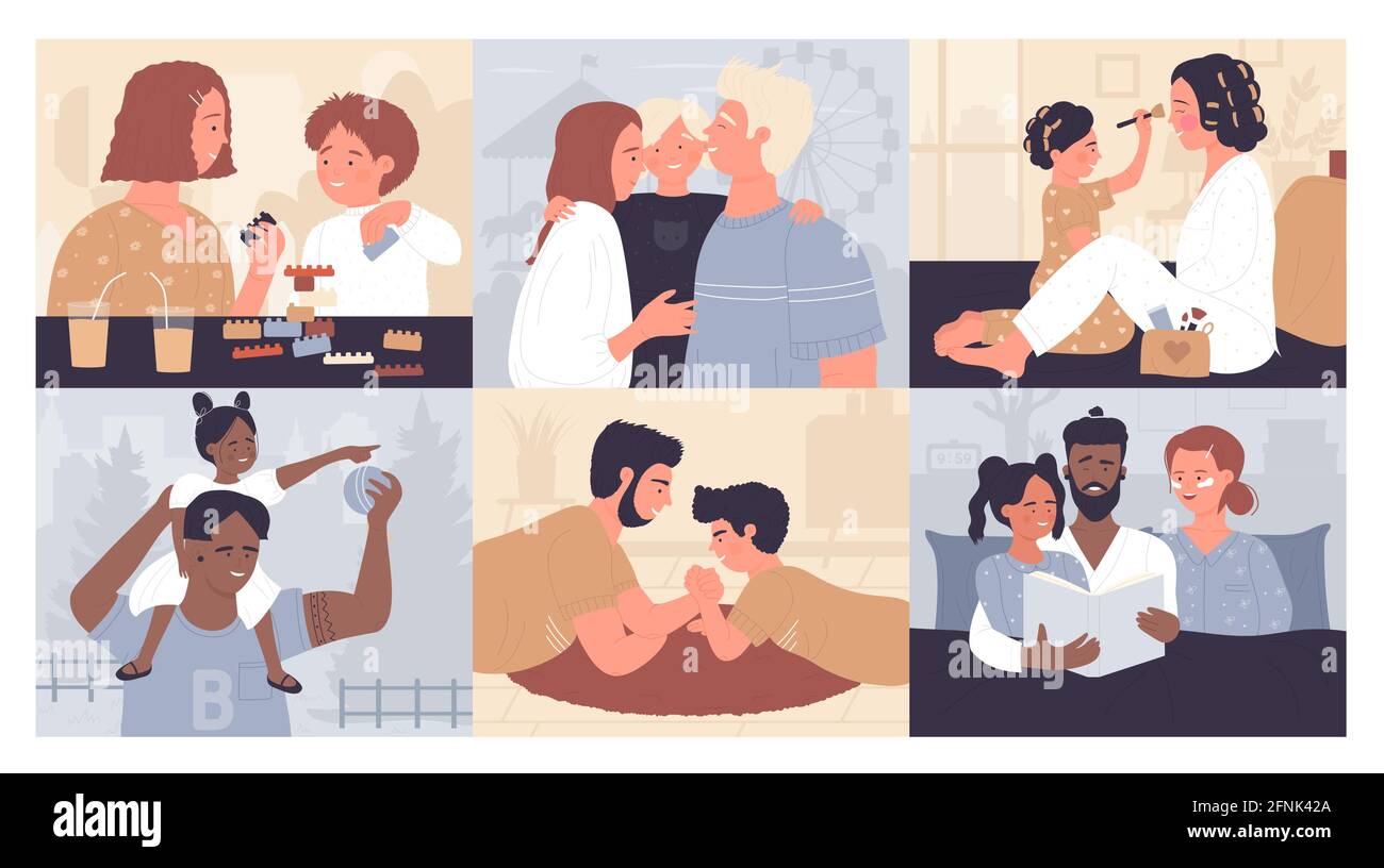 Parents and children, fun time parenthood vector illustration set. Cartoon happy family hugging, mother and father character playing with son or daughter, dad reading bedtime story to child background Stock Vector