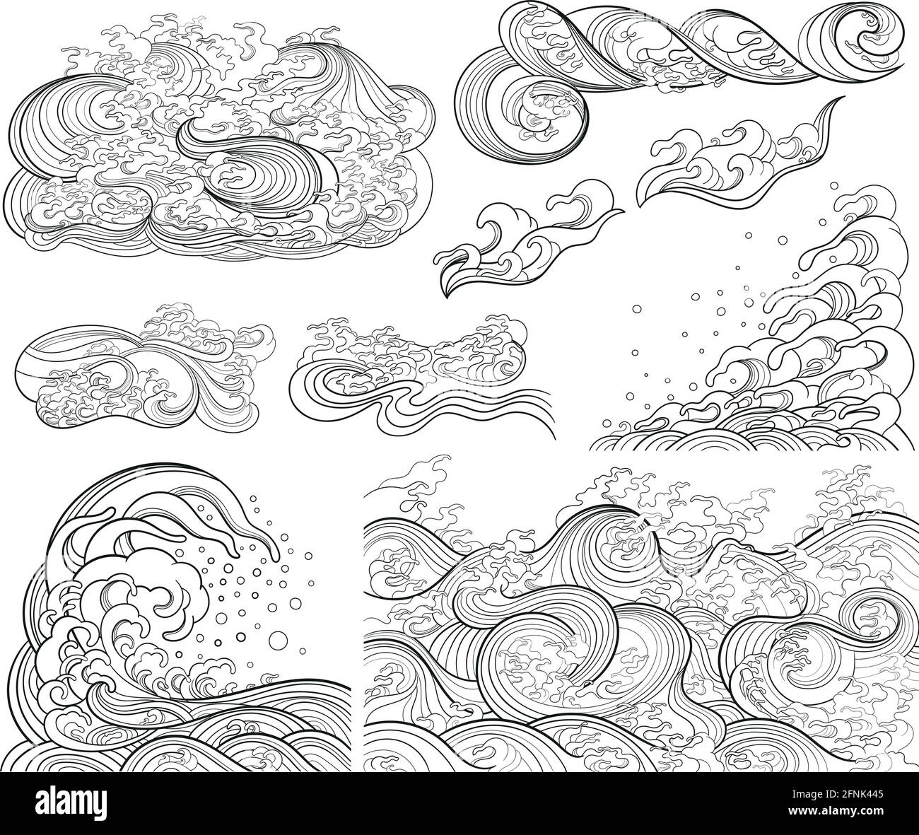 A set of vector contour elements, templates on the theme of waves in an oriental style. Stock Vector