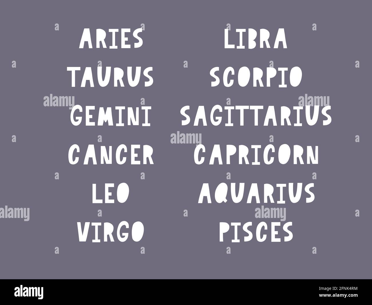 Zodiac lettering Vector Sign. Cartoon astrology text illustration. Horoscope handwritten icon set. Stock Vector