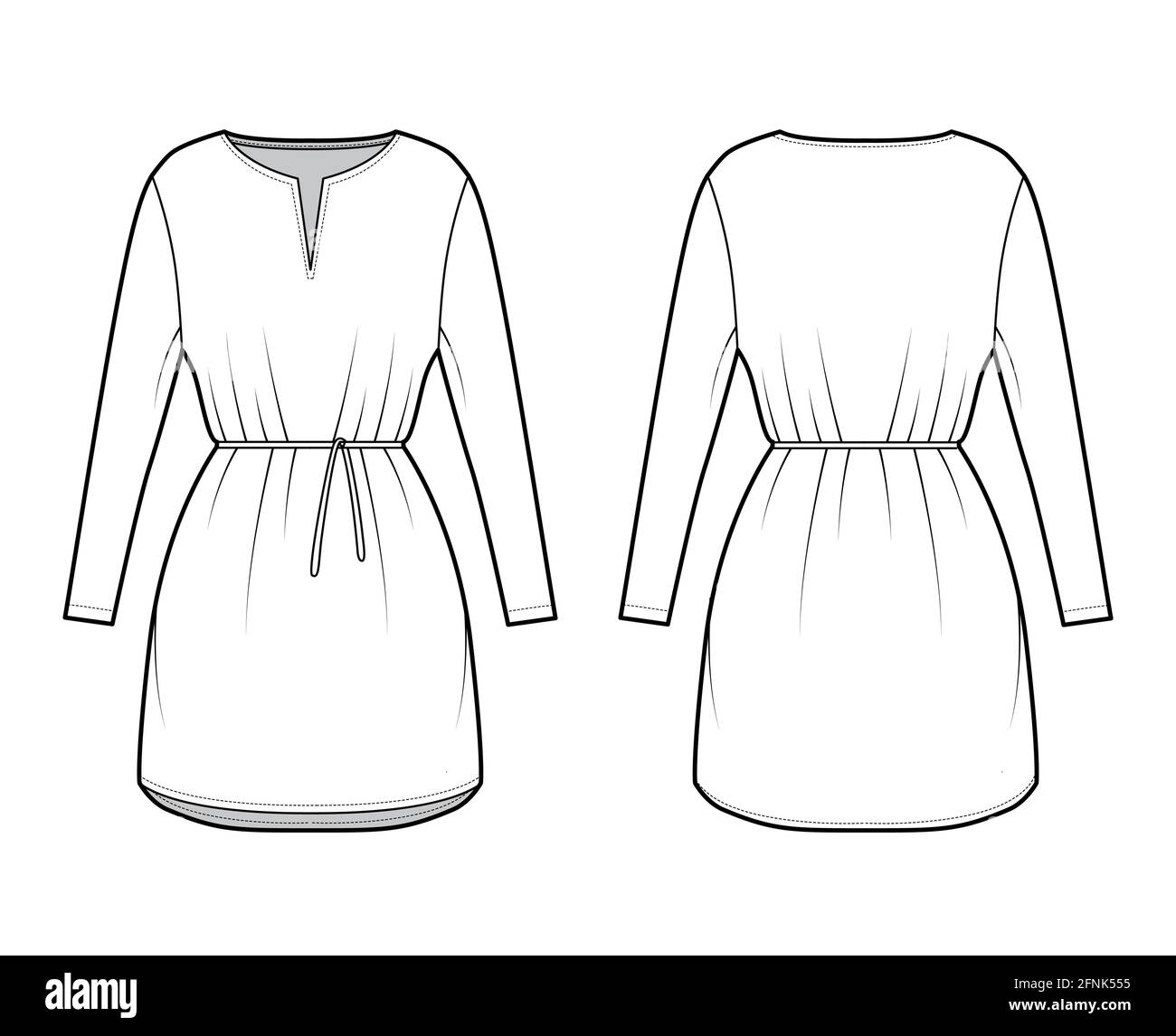 Dress tunic technical fashion illustration with tie, long sleeves, oversized body, mini length skirt, slashed neck. Flat apparel front, back, white color style. Women, men CAD mockup Stock Vector