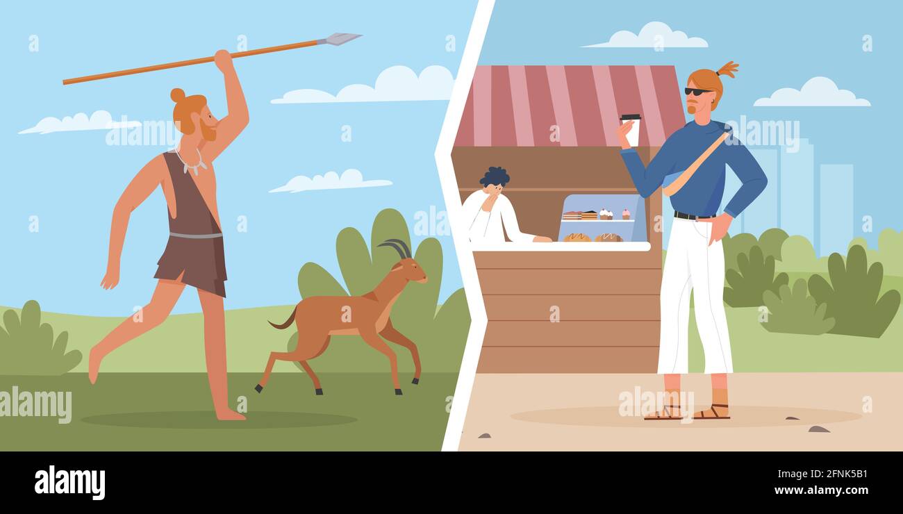 Ancient caveman, modern man life evolution comparison vector illustration. Cartoon primitive cave hunter young male character with stone spear hunting, guy holding coffee cup walking in street market Stock Vector