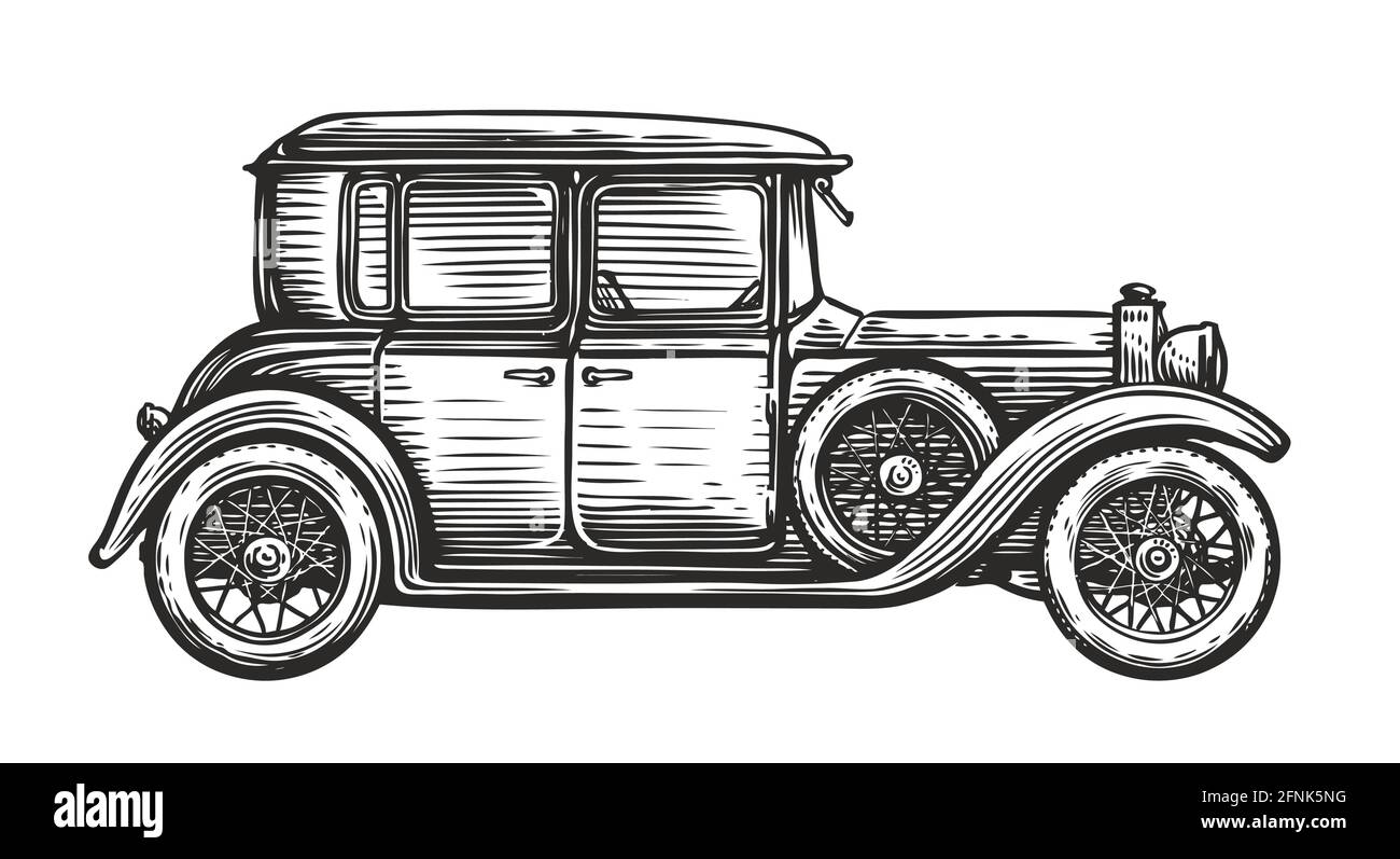 Retro car vector illustration. Vintage vehicle in sketch style Stock Vector