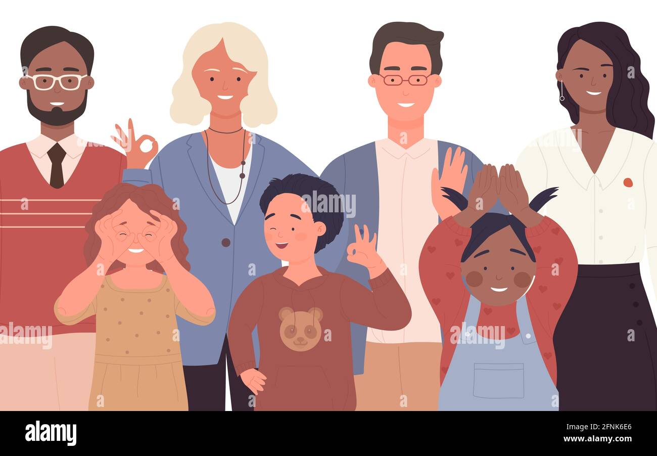 Crowd of people, diverse family portraits vector illustration. Cartoon happy multiethnic multinational multicultural group of adults and kids, cute boy girl, man woman standing isolated on white Stock Vector