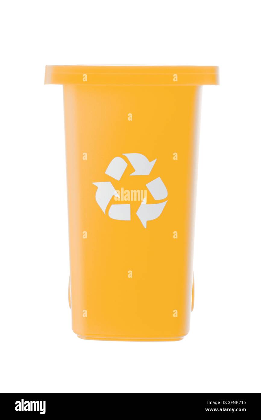 Plastic yellow trash can isolated on white background Stock Photo Alamy