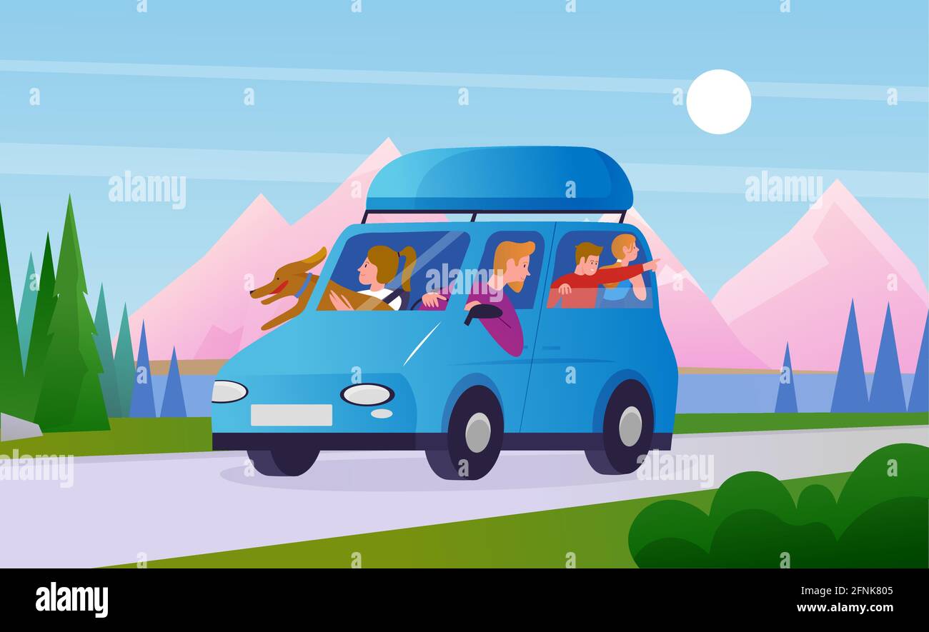 Family people travel in car vector illustration. Cartoon happy travelers, father mother children characters and dog pet ride in automobile vehicle, enjoy auto summer travel on road background Stock Vector