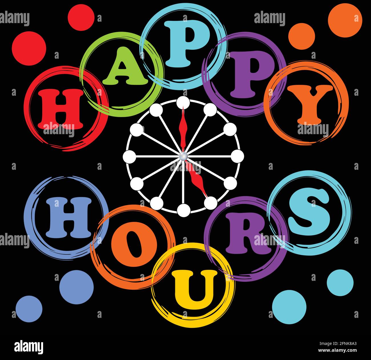 Happy hours billboard in rainbow colors with clock face and letters in circle Stock Vector Image