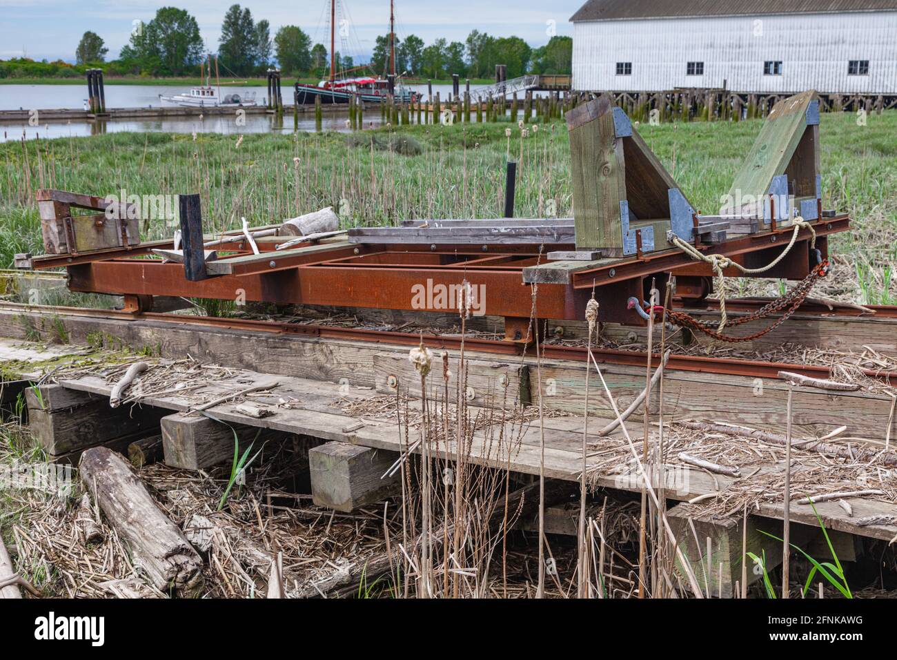 Neglected boat ramp on wheels by the heritage Britannia Ship Yard in Steveston British Columbia Canada Stock Photo