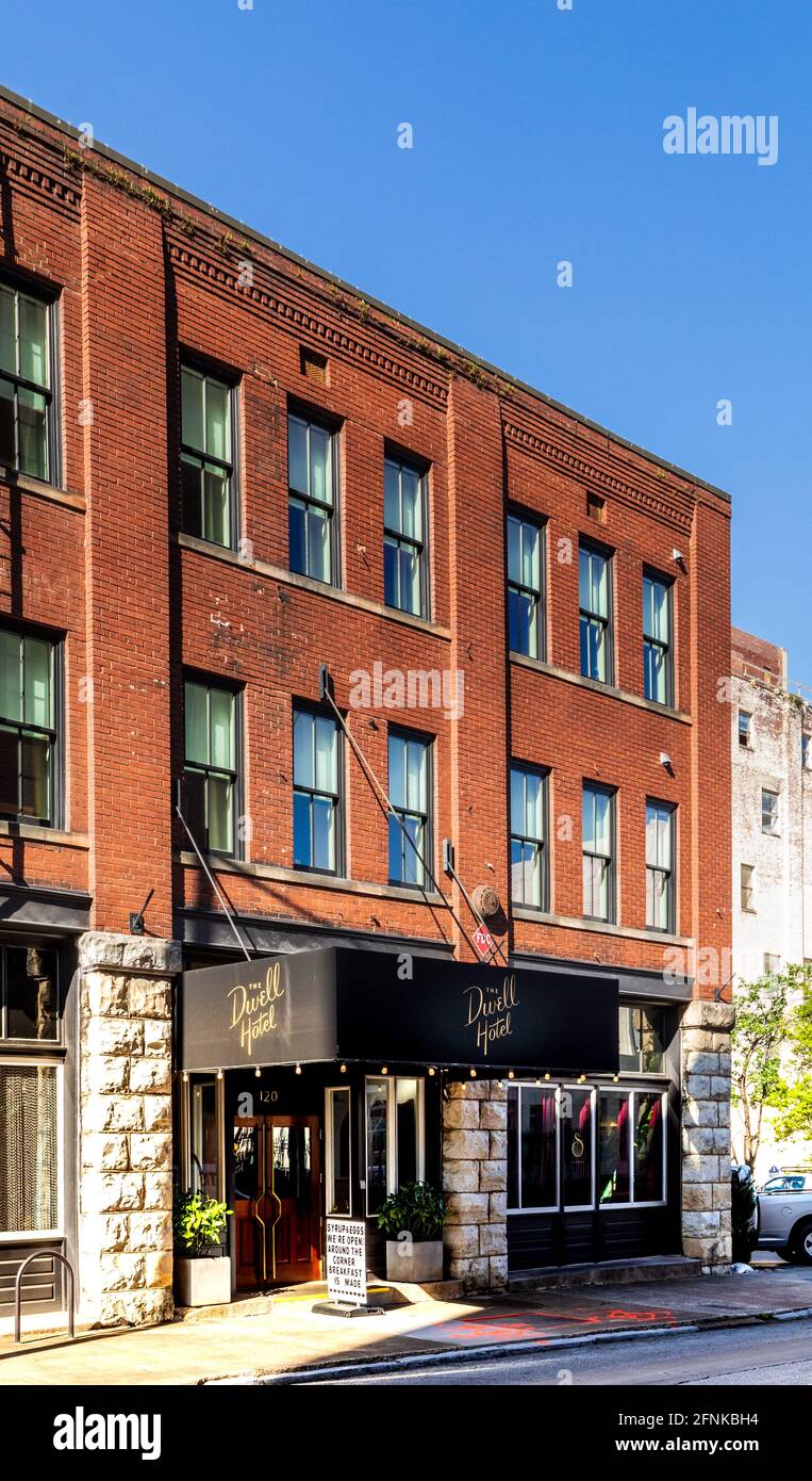 CHATTANOOGA, TN, USA-7 MAY 2021: The Dwell Hotel, built in 1909, is a 'European boutique hotel with restaurant, full bar and gentleman's pool room'. Stock Photo