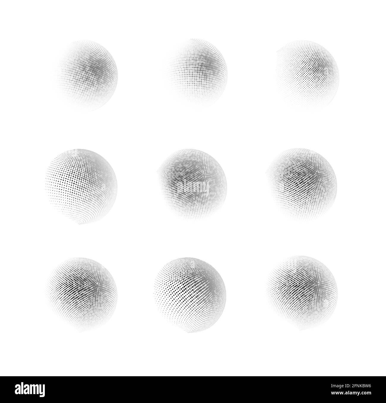 Halftone sphere dotted vector illustration. Circle halftone patterns dots logo. Globe vector illustration. Big set. Stock Vector