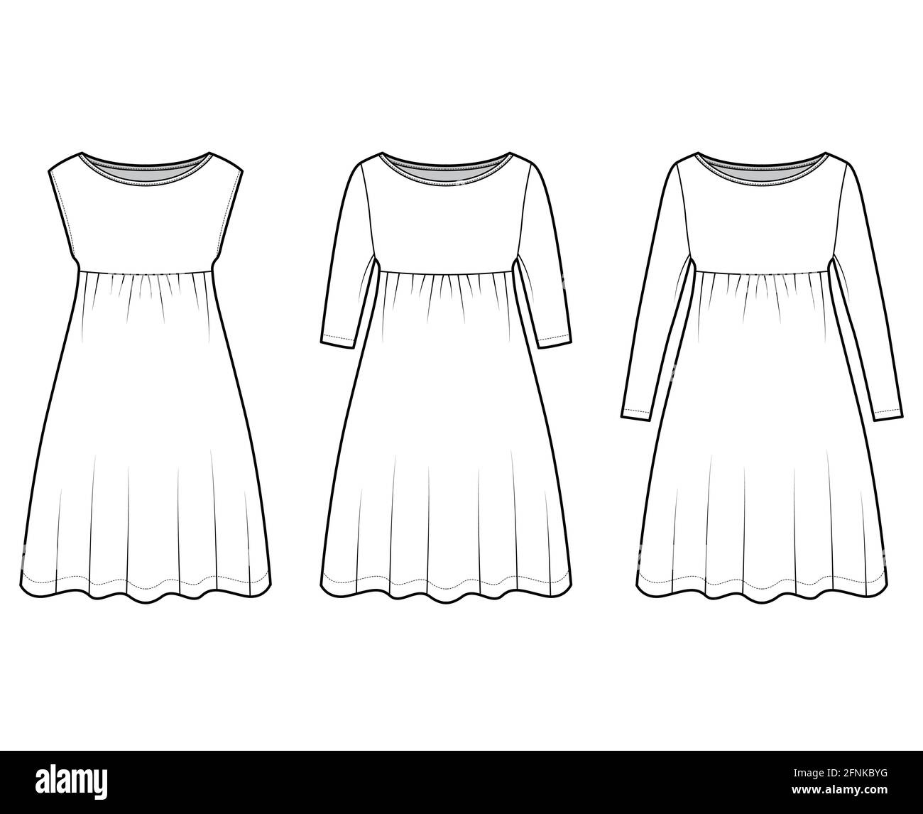 Set of dresses babydoll technical fashion illustration with long elbow sleeves, oversized body, knee length A-line skirt, boat neck. Flat apparel front, white color style. Women, men unisex CAD mockup Stock Vector