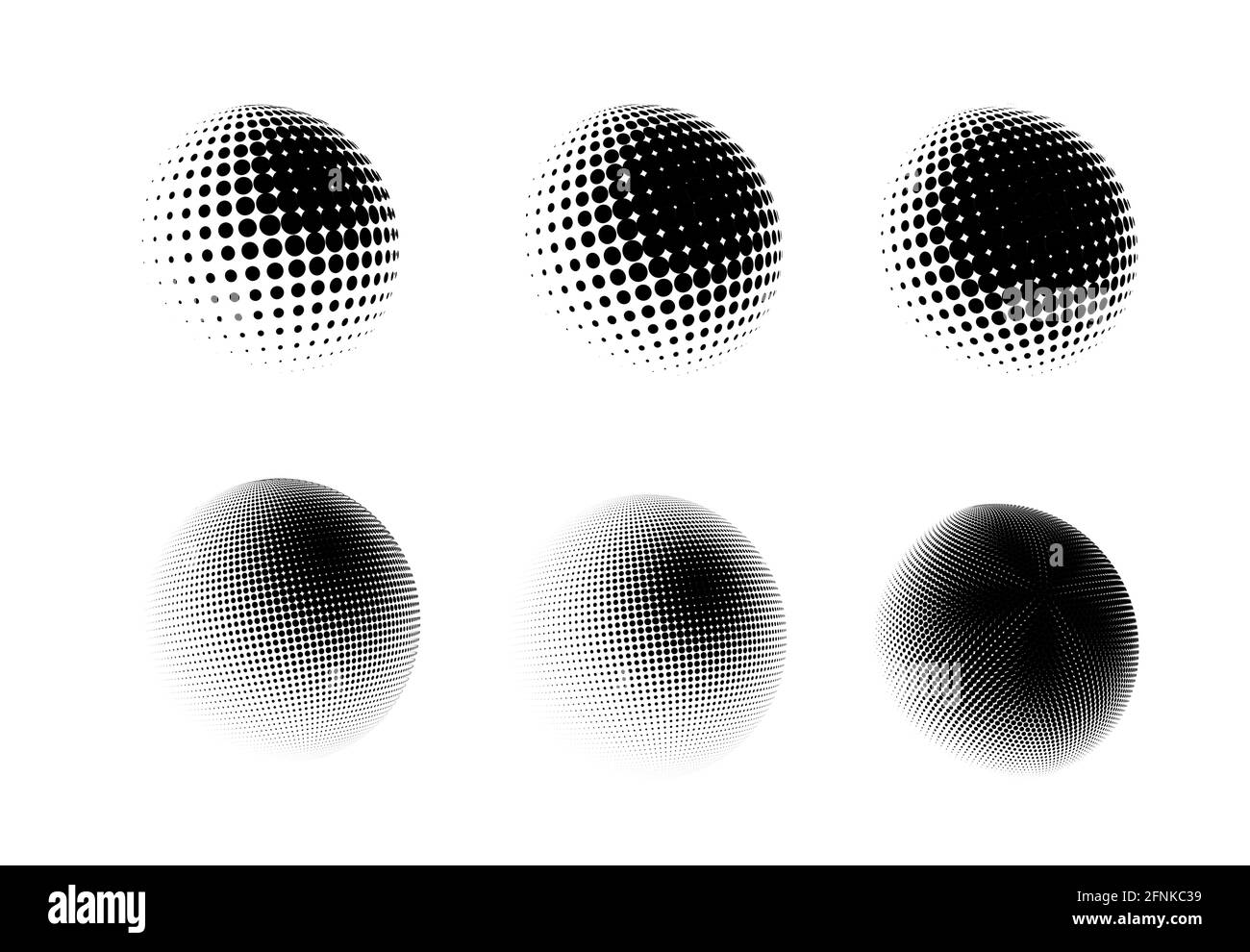Halftone sphere dotted vector illustration. Circle halftone patterns dots logo. Globe vector illustration. Big set. Stock Vector