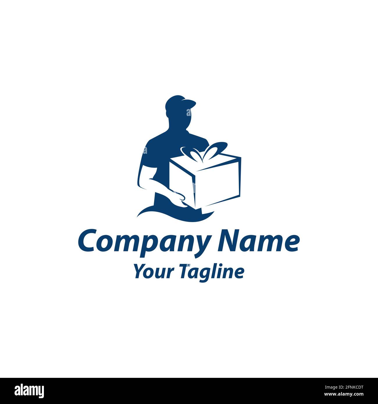 Delivery man courier holding box Logo design vector template navy blue color.EPS 10 Stock Vector