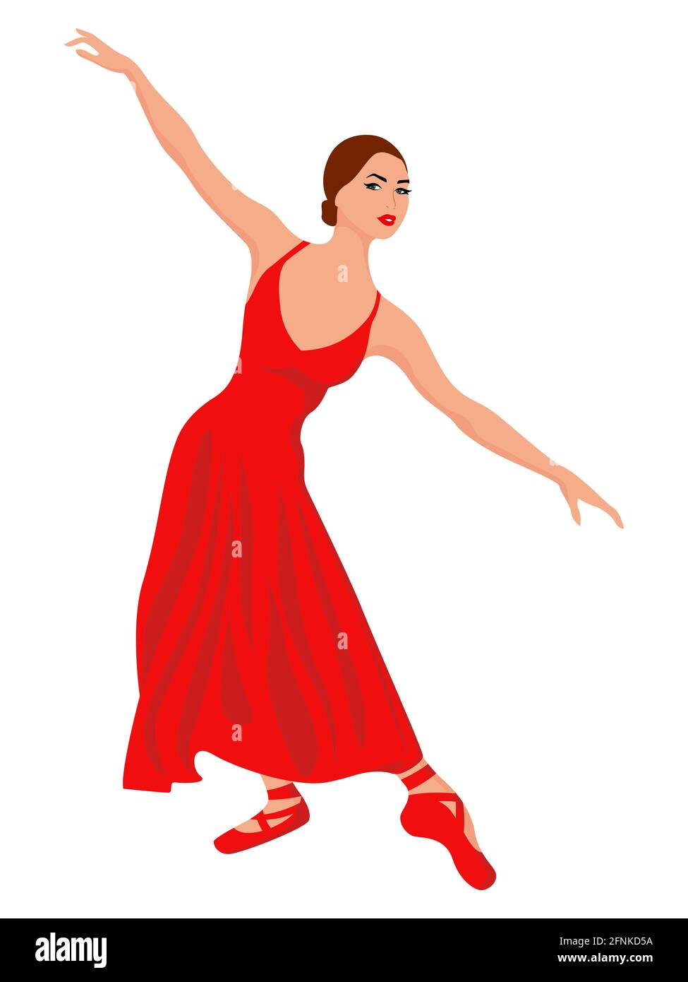 Beautiful lady dancer in a long red dress, hand drawing vector, isolated on the white background Stock Vector
