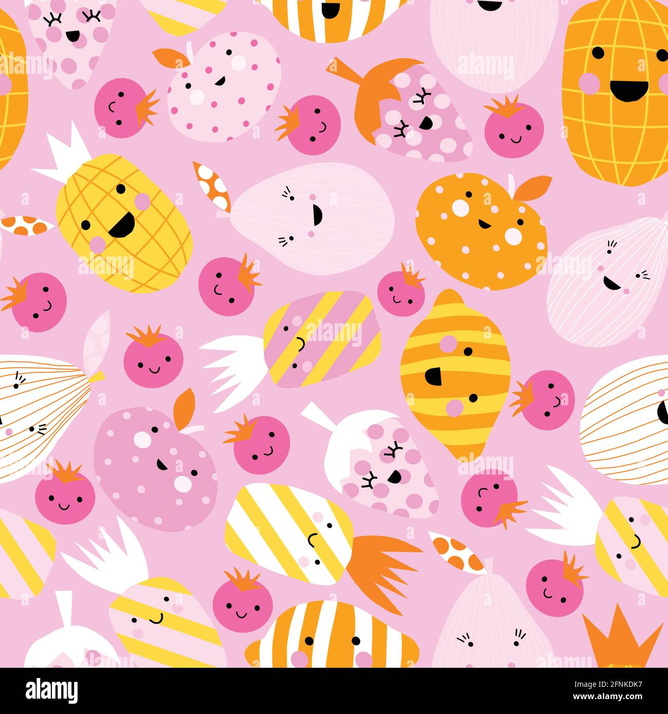 Cute fruit seamless background. Repeating vector pattern smiling fruit ...