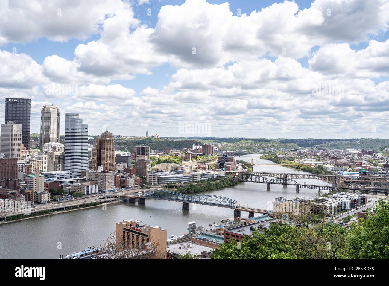 Pittsburgh, Pennsylvania -May 12, 2021-. Skyline view of Pittsburgh with Monongahela River and bridges Stock Photo