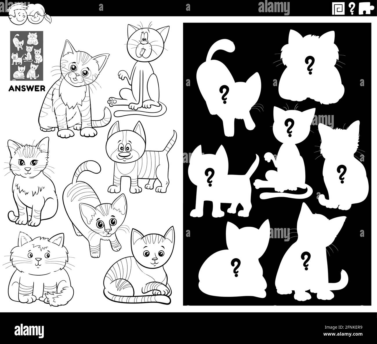 cartoon cat playing hockey coloring book. Isolated on white