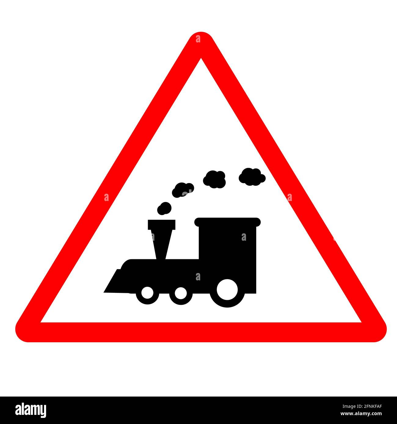 train warning sign on white background. railway train level crossing road sign. railway symbol. flat style. Stock Photo