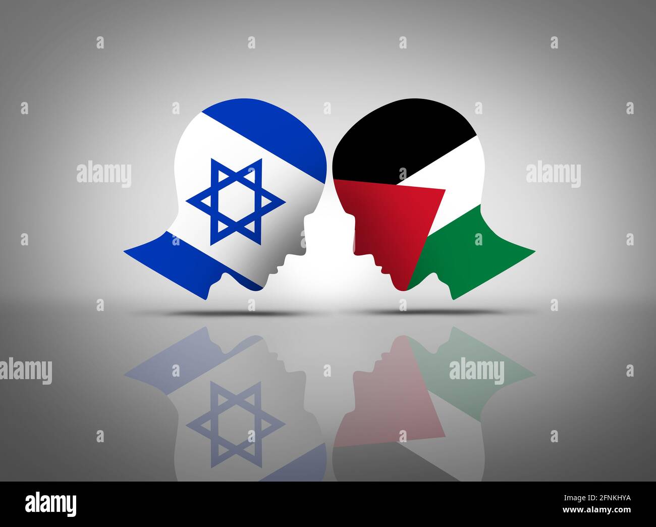 Israel and Palestine conflict or Israeli and Palestinian middle east crisis with two opposing people in dispute as a concept. Stock Photo