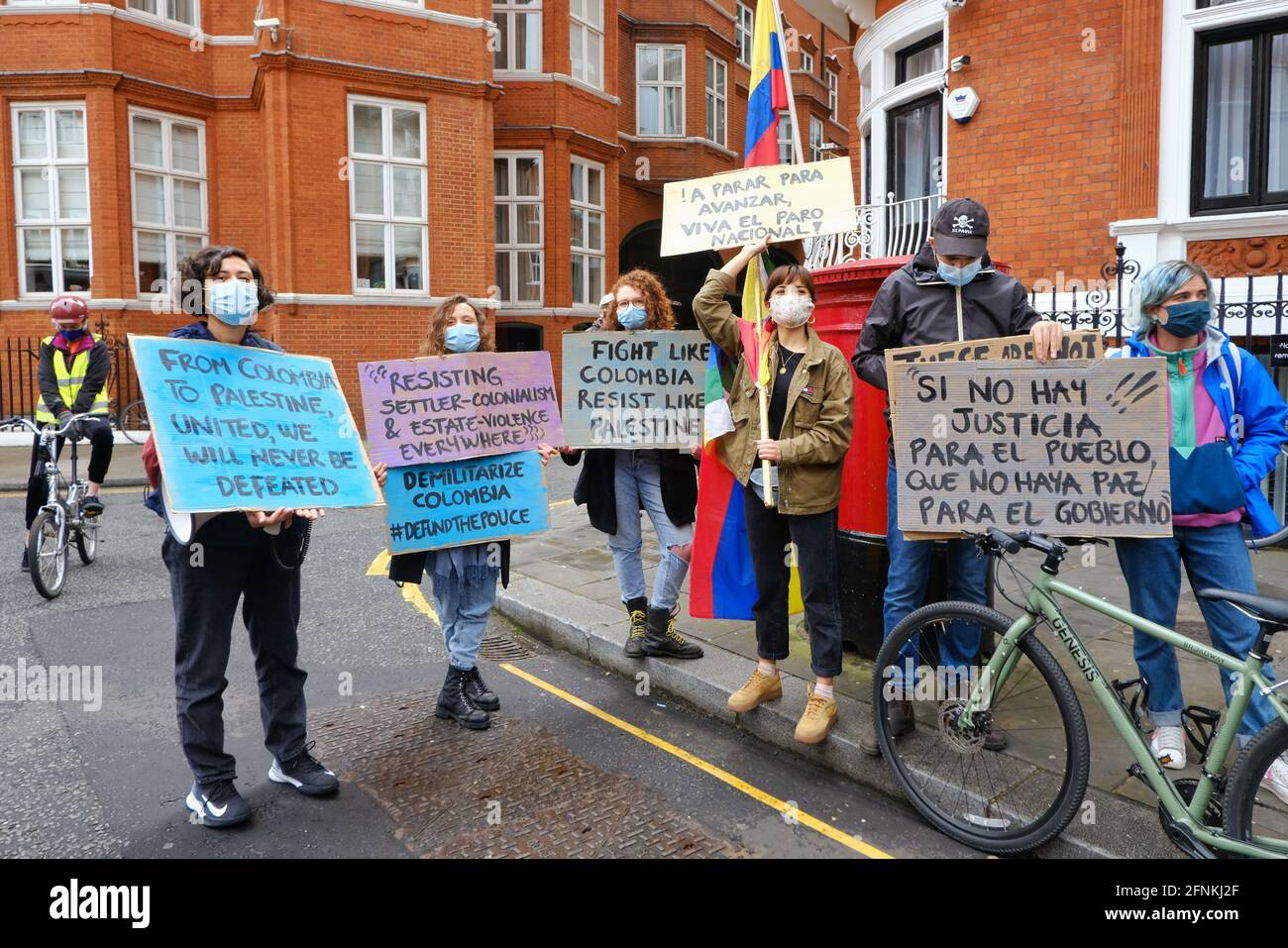 London, UK. 15/05/21 A protest takes place outside the Colombian embassy after the killings of civilians by police who protested against tax reform Stock Photo