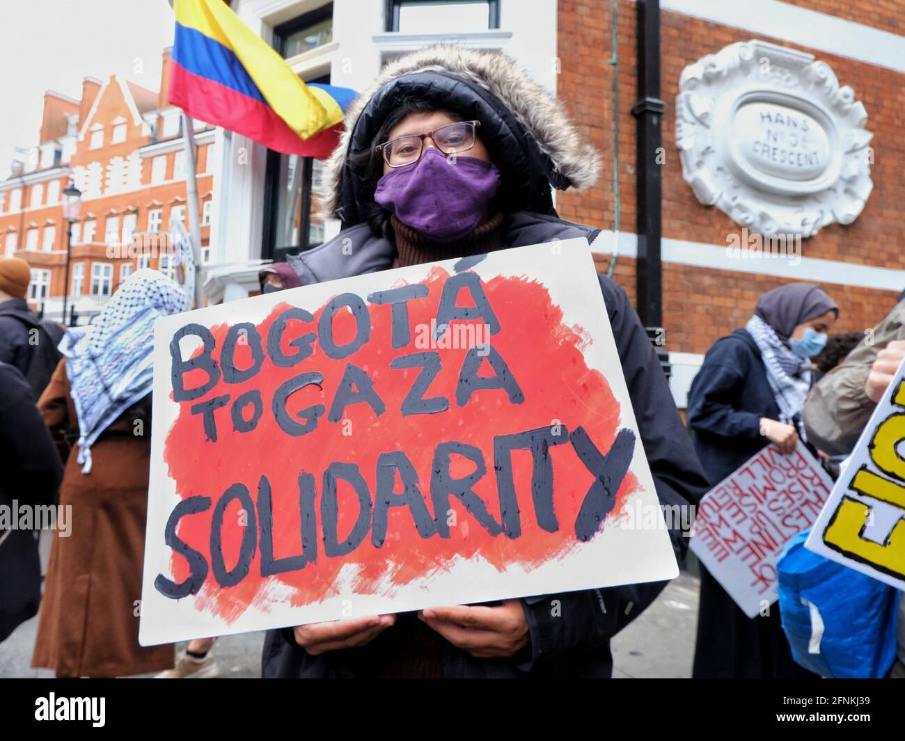 Colombian human rights supporters protest in solidarity with Palestinians as tensions rise in the Middle East. Stock Photo
