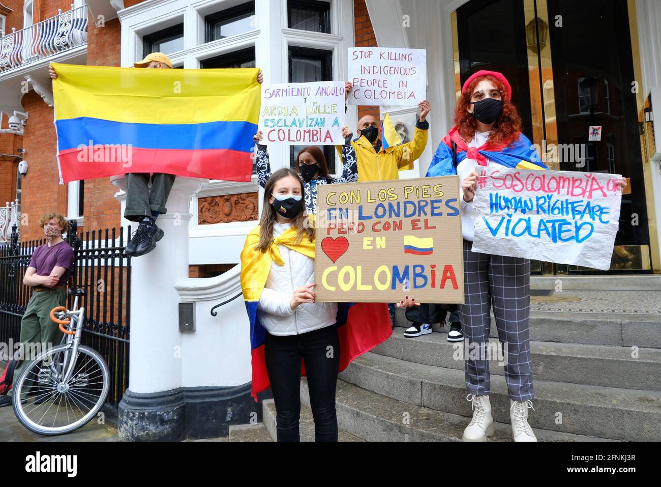 London, UK. 15/05/21. A demonstration outside the Colombian embassy takes place after civilians were killed by police protesting against tax reforms Stock Photo