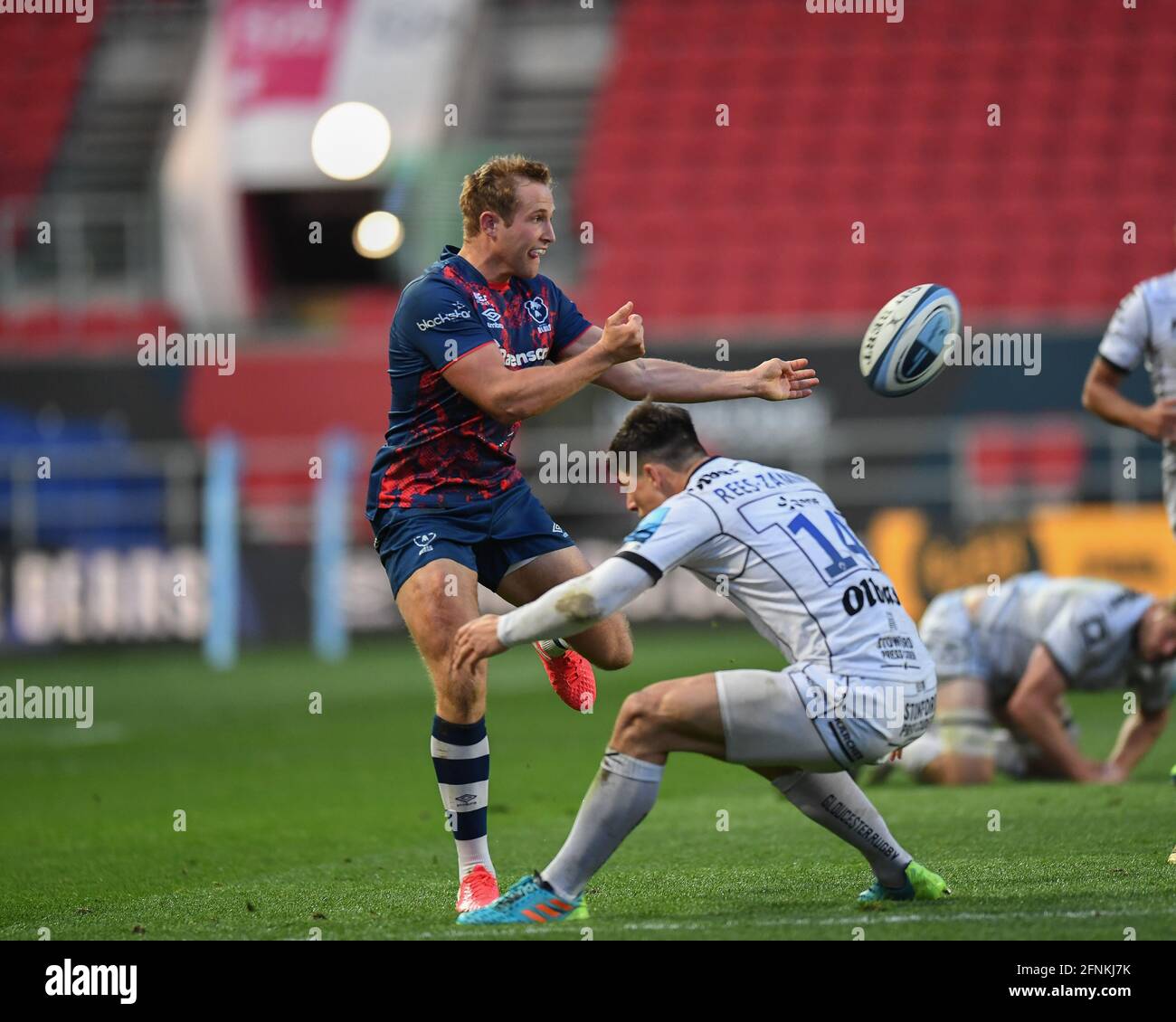 Max Malins of Bristol Bears tackled by Louis Rees-Zammit of Gloucester ...