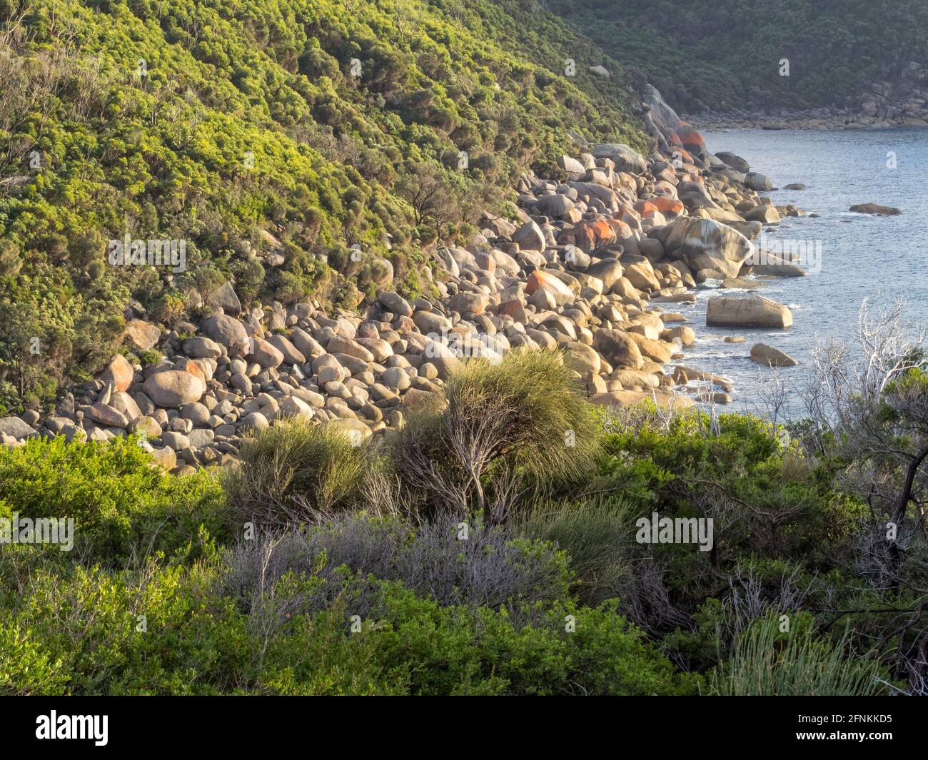 Morning sunshine lights the granite boulders below the Lighthouse - Wilsons Promontory, Victoria, Australia Stock Photo