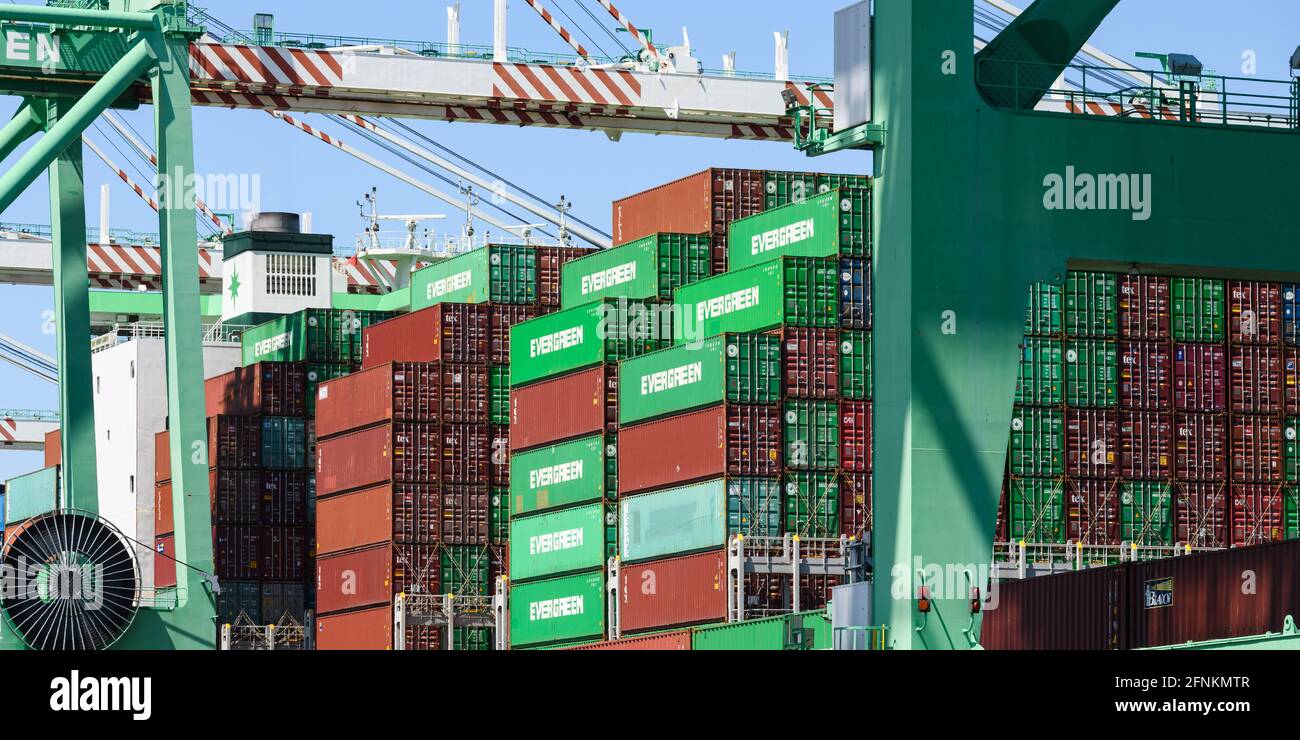 Tacoma, WA, USA - May 16, 2021 - Container ship Ever Lucky loading at the Port of Tacoma in preparation for departure to Kaohsiung, Taiwan Stock Photo