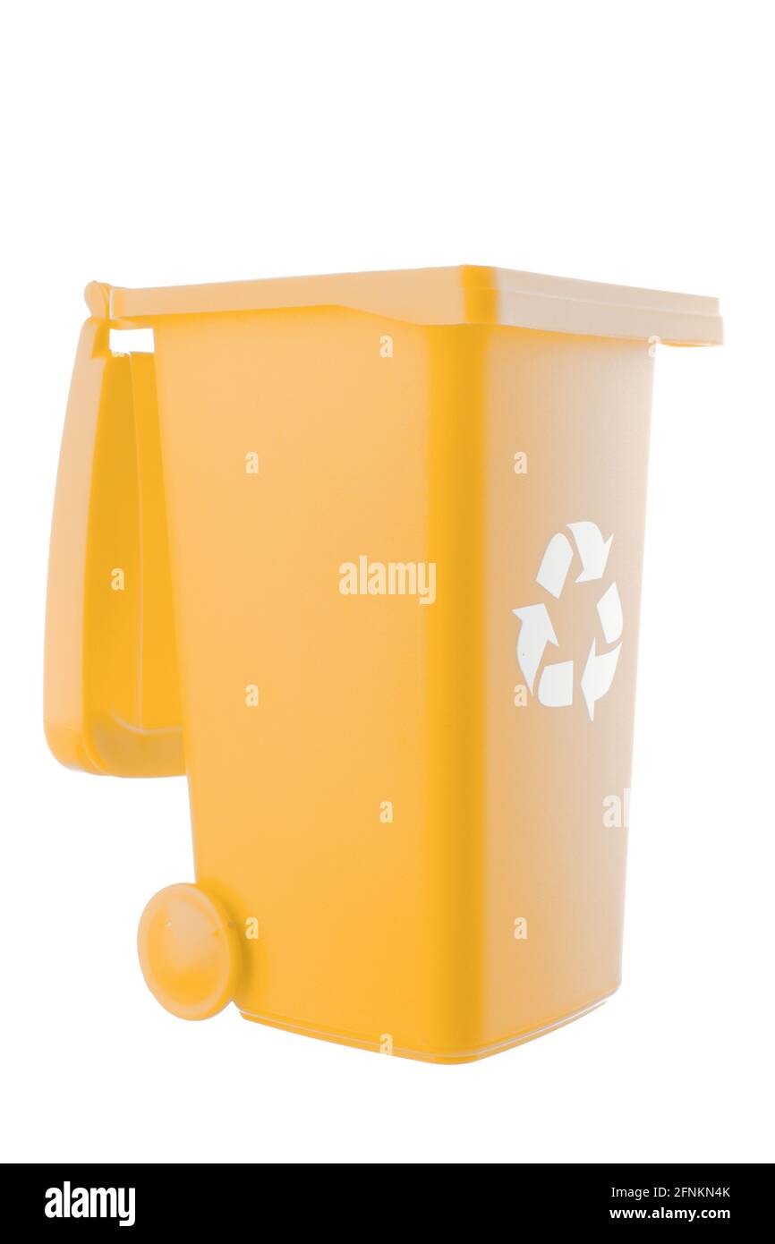 Plastic yellow trash can isolated on white background Stock Photo Alamy