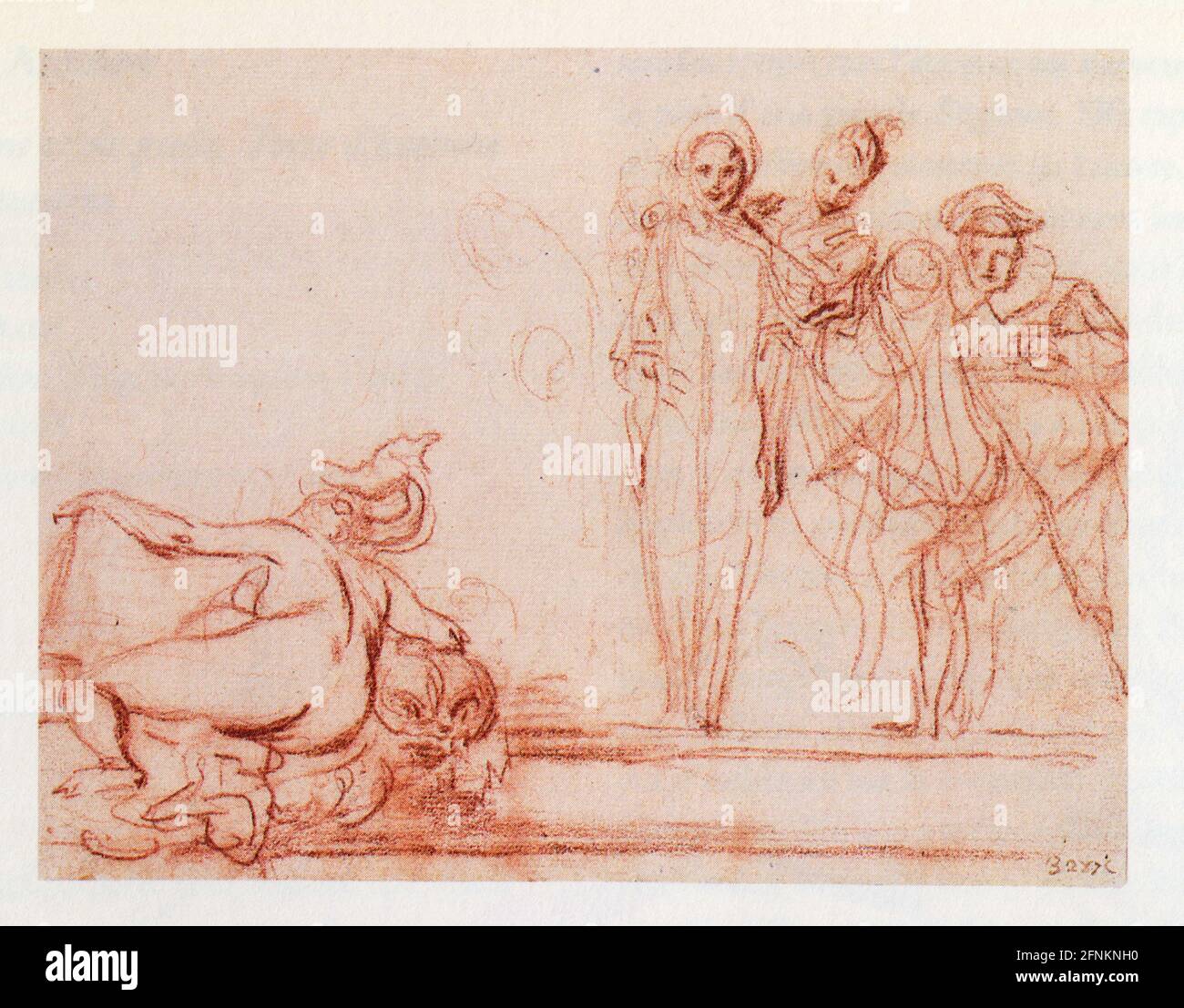 Antoine Watteau,personnages de la comédie-italienne et statue de Naiade.Sanguine. Stock Photo