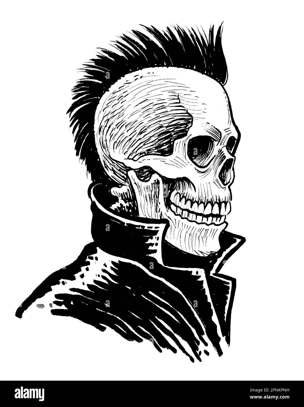 Dead punk with mohawk hairstyle in leather jacket. Ink black and white ...