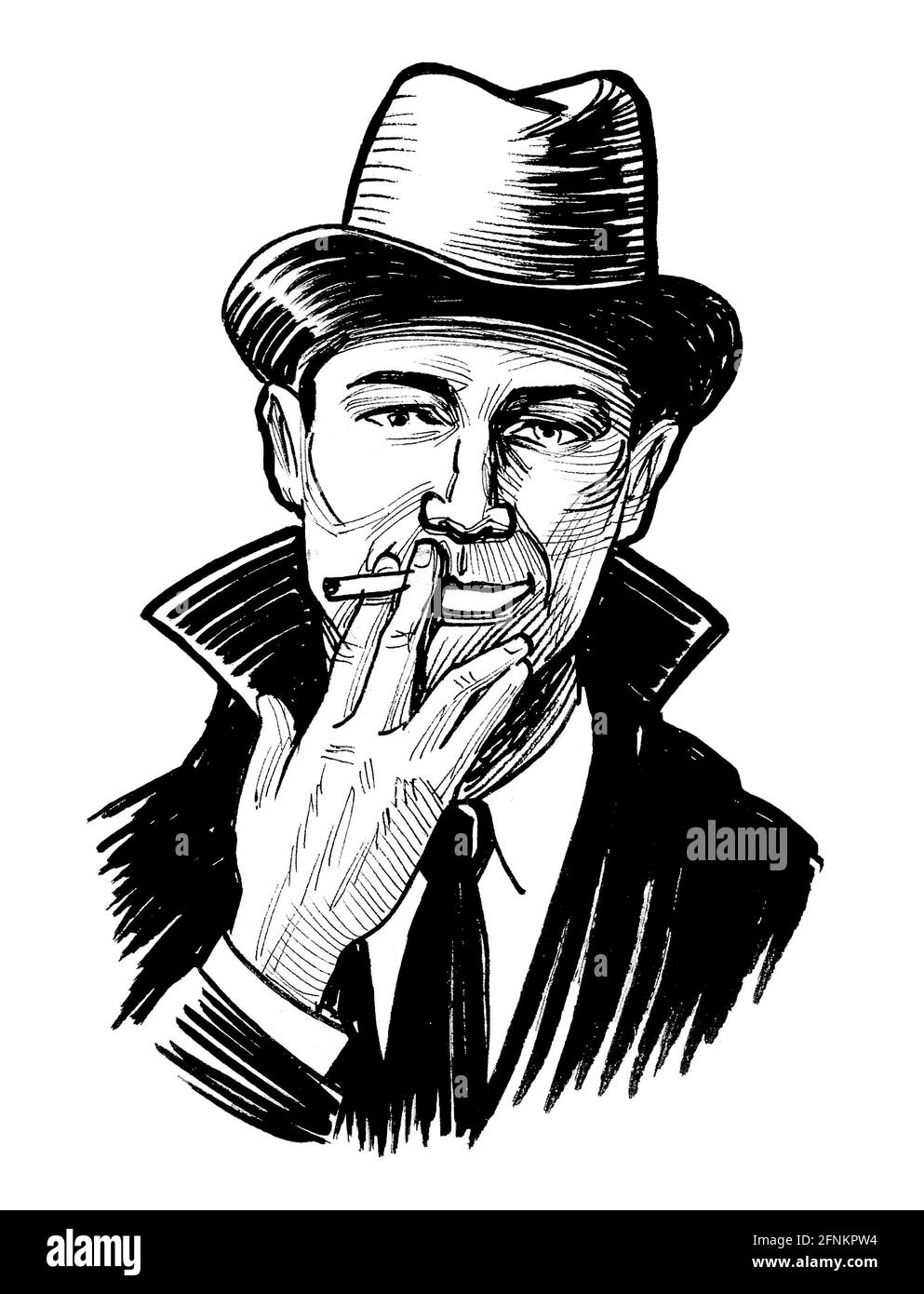 Smoking man in suit and hat. Ink black and white drawing Stock Photo - Alamy
