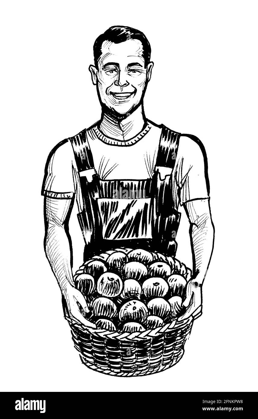 Farmer with a basket full of apples. Ink black and white drawing Stock Photo