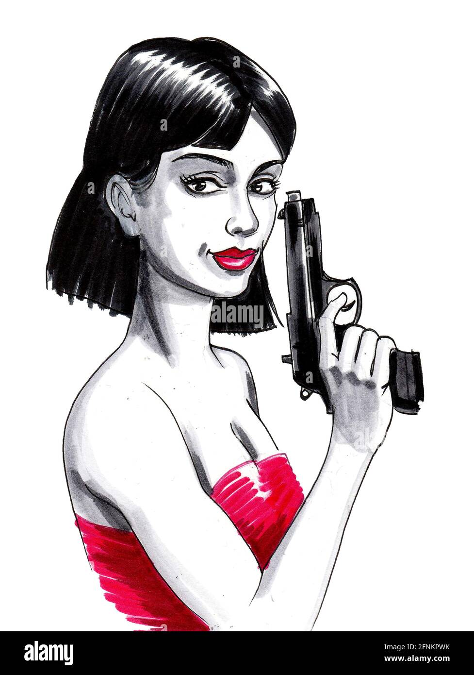 Pretty brunette lady in red dress with a gun. Ink and watercolor drawing Stock Photo