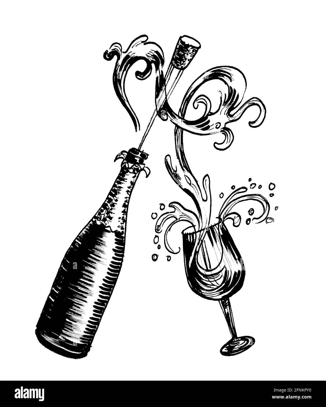 Bottle of Champagne and wine glass. Ink black and white drawing Stock Photo